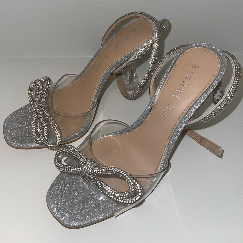 Gianni Bini Haydn Glitter Rhinestone Bow Ankle Strap Clear Party Heels